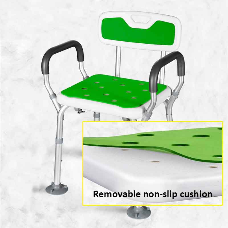 Aluminium safety upholstered disabled bathroom chair with armrests and backrest