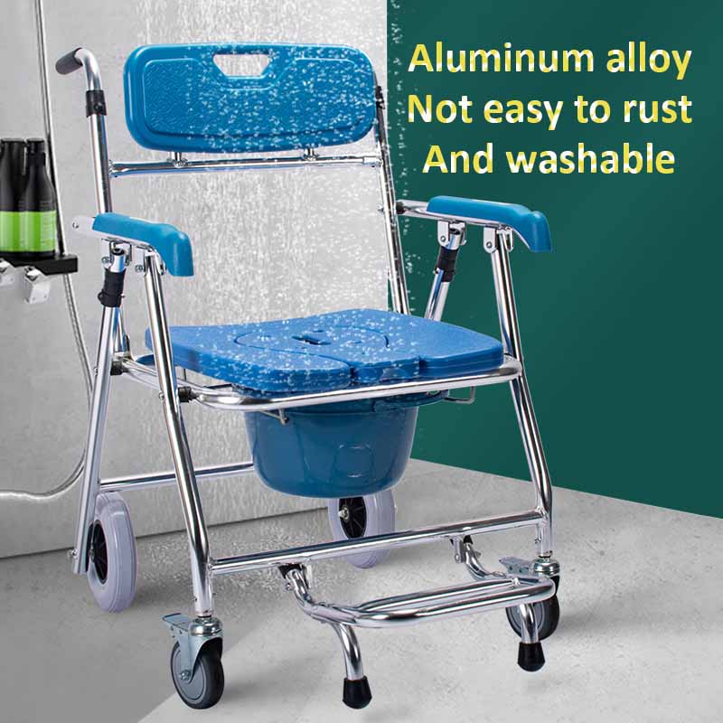 Safe and comfortable aluminum portable folding commode chair with wheels